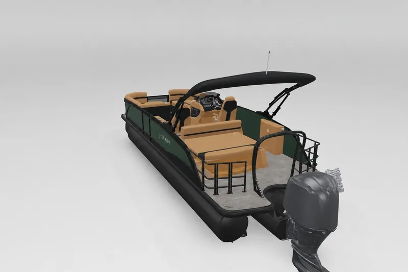 Slide: The Image of 2027 Godfrey Monaco 235 SFLC pontoon boat with tan seating and black canopy. - 13