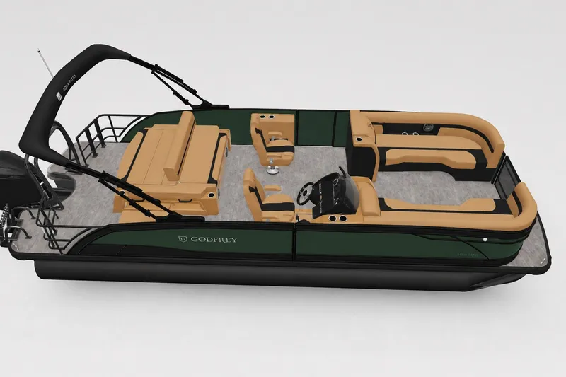 Slide: The Image of 2027 Godfrey Monaco 235 SFLC pontoon boat with tan seating and sleek design. - 12