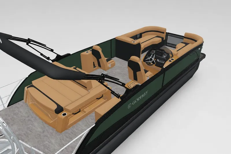 Slide: The Image of 2027 Godfrey Monaco 235 SFLC pontoon boat with tan seating and sleek design. - 17