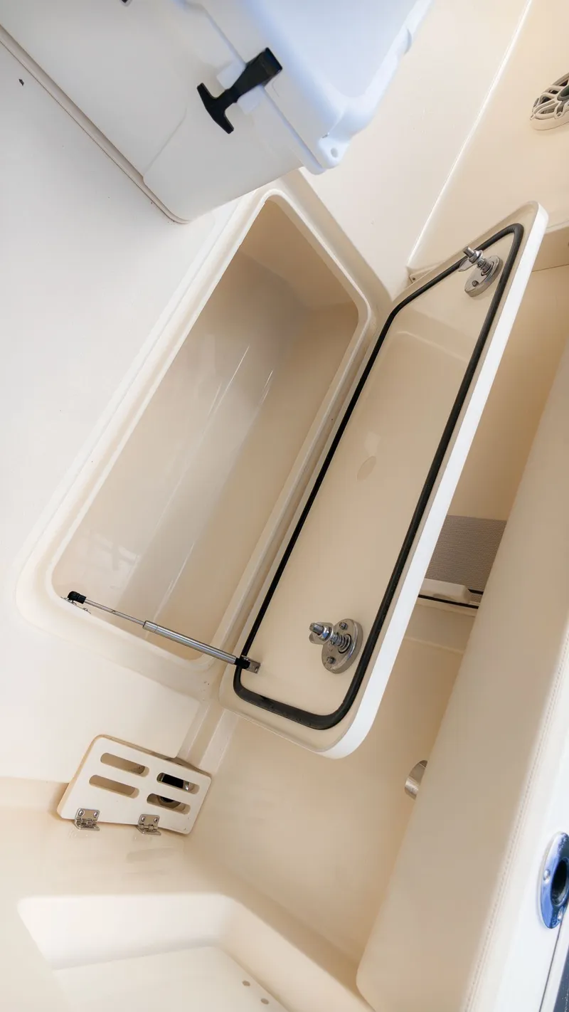 Slide: The Image of An open storage compartment with hydraulic support inside a Scout 260 LXF boat. - 9