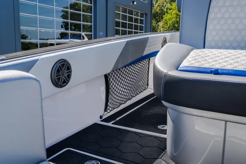 Slide: The Image of Interior of 2022 Statement 350 Open boat, featuring sleek seating and modern design elements. - 20