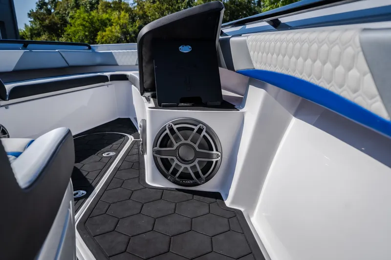 Slide: The Image of Interior of 2022 Statement 350 Open boat with speaker and seating. - 35