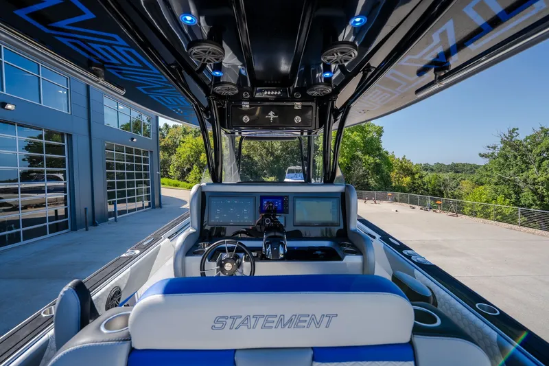Slide: The Image of Interior view of 2022 Statement 350 Open boat with advanced navigation system. - 25