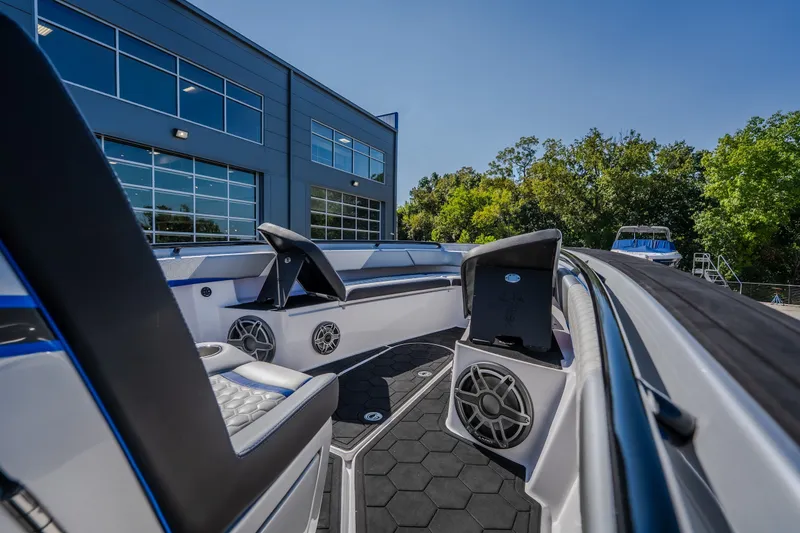 Slide: The Image of Luxurious 2022 Statement 350 Open boat interior with modern seating and speakers. - 34