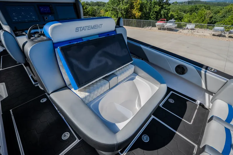 Slide: The Image of Luxury seating on 2022 Statement 350 Open boat with integrated screen and modern design. - 65