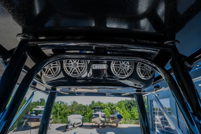 Slide: The Image of 2022 Statement 350 Open boat speakers and canopy, showcasing sleek design and advanced audio system. - 46