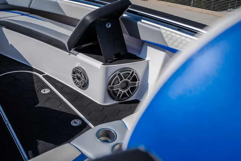 Slide: The Image of Interior of 2022 Statement 350 Open boat with sleek seating and modern speaker system. - 43