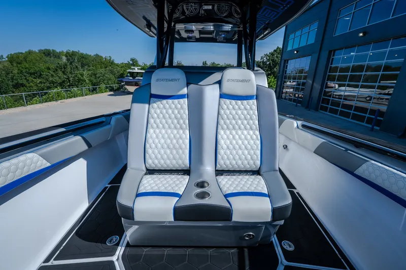 Slide: The Image of Luxury seating on 2022 Statement 350 Open boat, featuring modern design and comfort. - 47