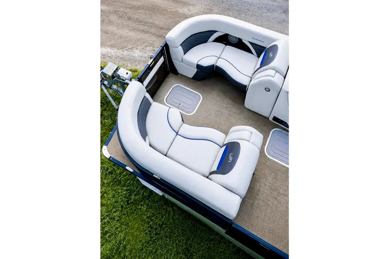 Slide: The Image of 2023 Barletta Corsa 21Q pontoon boat interior with plush seating and modern design. - 6