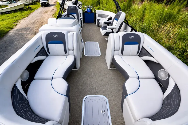 Slide: The Image of 2023 Barletta Corsa 21Q pontoon boat interior with luxurious seating and modern design. - 8