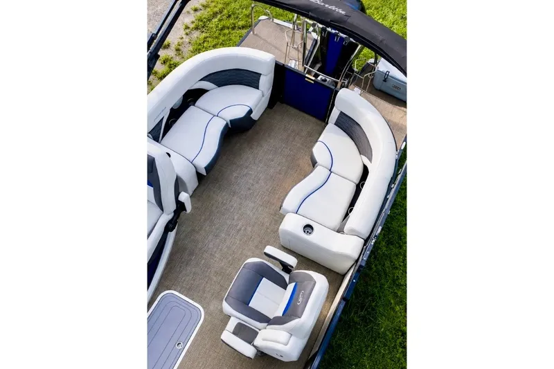 Slide: The Image of 2023 Barletta Corsa 21Q pontoon boat interior with plush seating and modern design. - 7