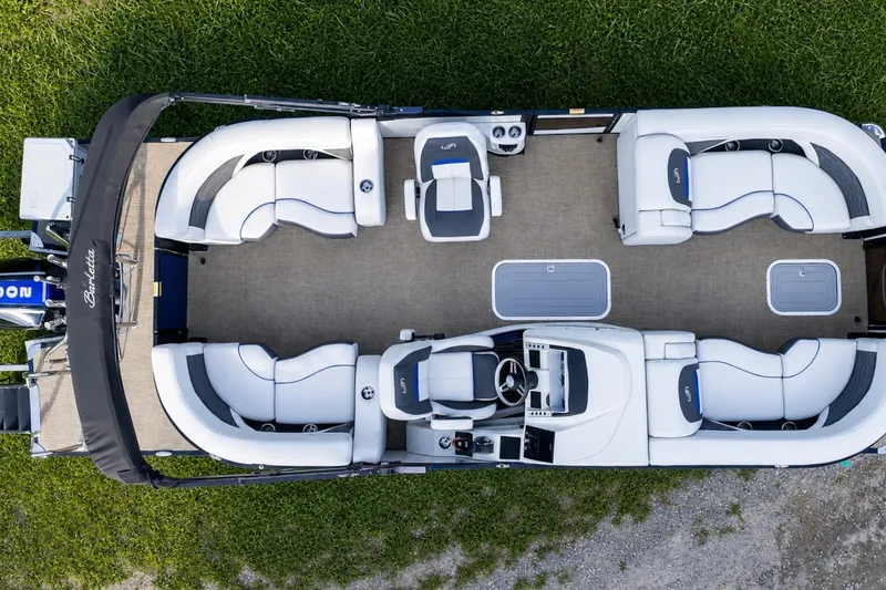 Slide: The Image of 2023 Barletta Corsa 21Q pontoon boat, aerial view, spacious seating, elegant design. - 15