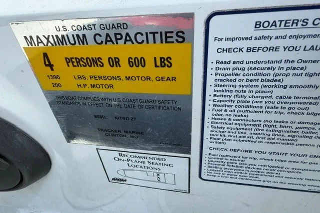 Slide: The Image of U.S. Coast Guard capacity label on 2008 Nitro Z-7 boat, detailing weight and passenger limits. - 9