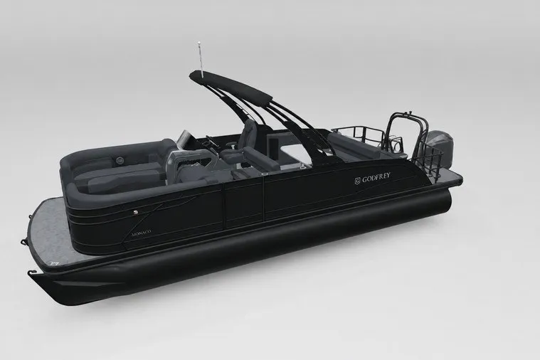 Slide: The Image of 2027 Godfrey Monaco 255 MTF pontoon boat, sleek black design, modern seating arrangement. - 18
