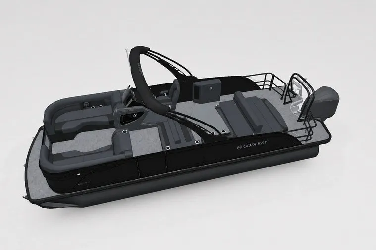 Slide: The Image of 2027 Godfrey Monaco 255 MTF pontoon boat with sleek black design and modern features. - 16