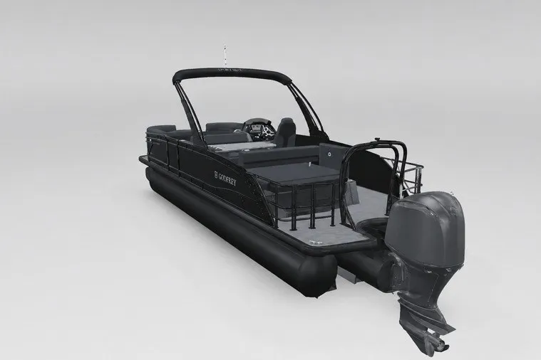Slide: The Image of 2027 Godfrey Monaco 255 MTF pontoon boat with sleek black design and modern features. - 14
