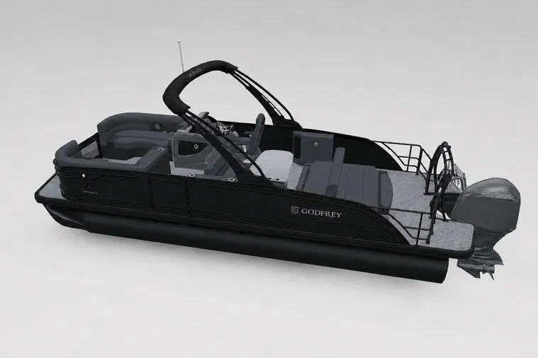Slide: The Image of 2027 Godfrey Monaco 255 MTF pontoon boat, sleek black design, luxurious seating, modern features. - 17