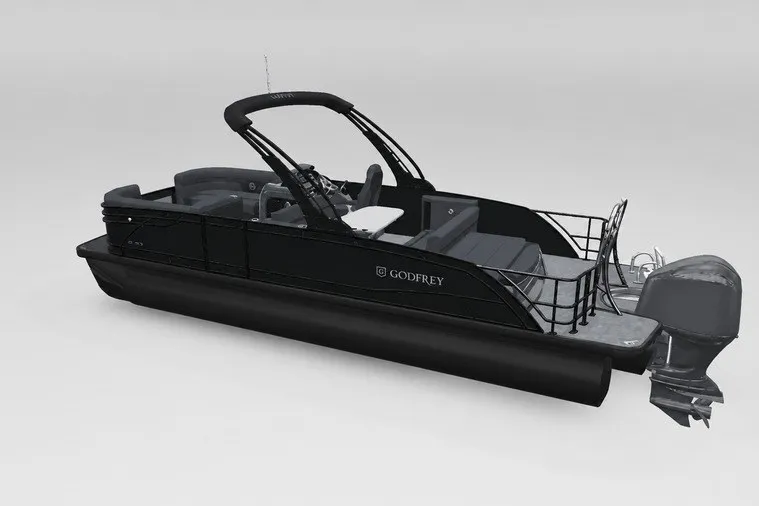 Slide: The Image of 2027 Godfrey Monaco 255 MTF pontoon boat, sleek black design, modern features, side view. - 15