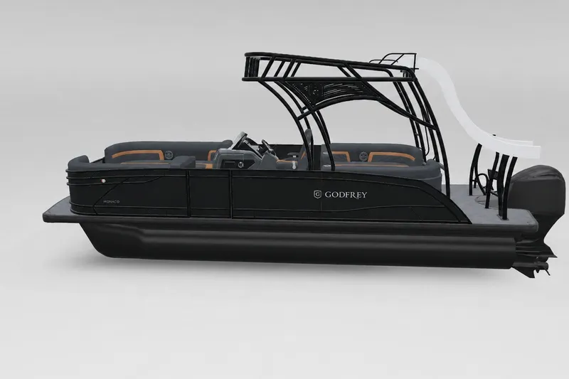 Slide: The Image of 2027 Godfrey Monaco 255 SDC pontoon boat with sleek black design and modern features. - 14