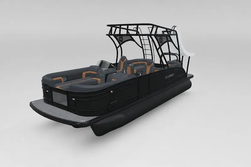 Slide: The Image of 2027 Godfrey Monaco 255 SDC pontoon boat with sleek black design and modern seating. - 12