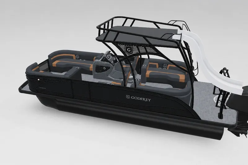 Slide: The Image of 2027 Godfrey Monaco 255 SDC pontoon boat with sleek design and slide feature. - 20