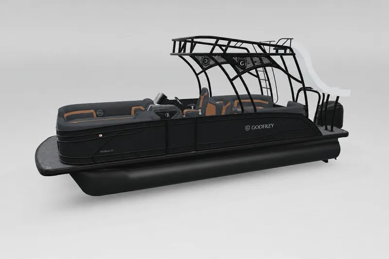 Slide: The Image of 2027 Godfrey Monaco 255 SDC pontoon boat with sleek black design and modern canopy. - 13