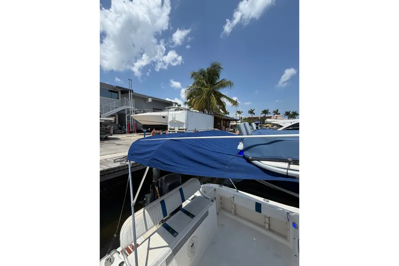Slide: The Image of 2002 Sea Fox 230 Walk Around boat docked under a clear blue sky with palm trees. - 37
