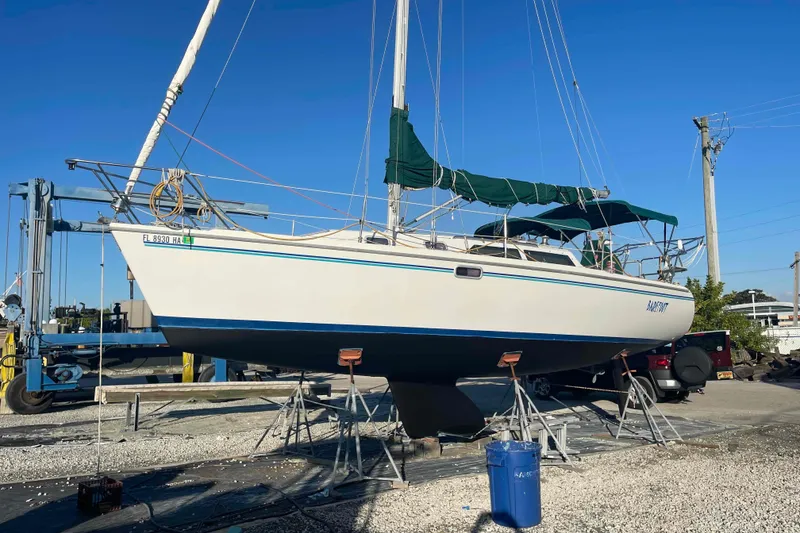 Slide: The Image of Catalina 320 sailboat on stands in dry dock. - 37