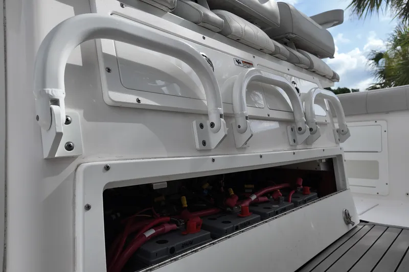 Slide: The Image of 2023 Sea Fox 328 Commander boat interior with storage compartment and seating. - 18