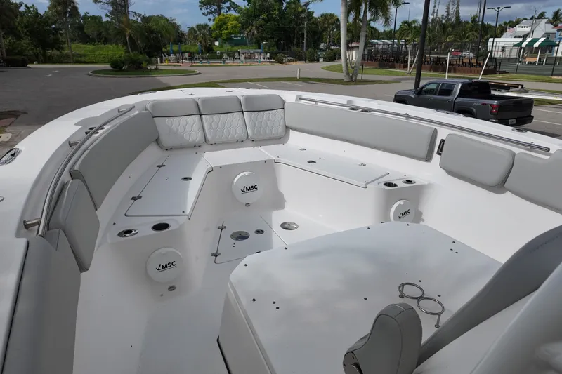 Slide: The Image of 2023 Sea Fox 328 Commander boat interior with spacious seating and modern design. - 6
