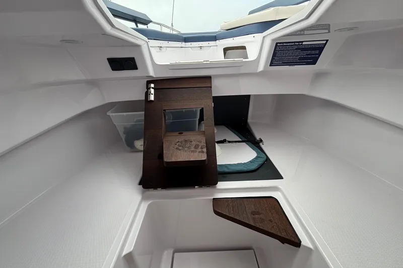 Slide: The Image of Interior cabin view of 2025 Axopar 29 XC Cross Cabin boat, featuring sleek design elements. - 36