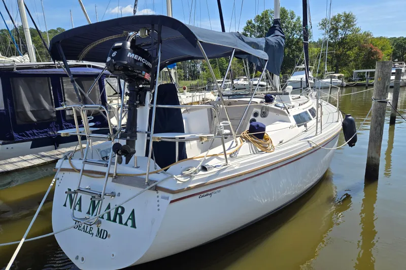 Slide: The Image of 1989 Catalina 34 sailboat docked, featuring a Mercury outboard motor and blue canopy. - 32