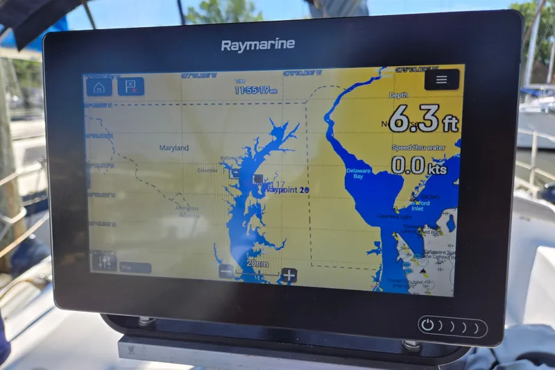 Slide: The Image of Raymarine navigation display on 1989 Catalina 34, showing Maryland waterways and depth of 6.3 feet. - 3