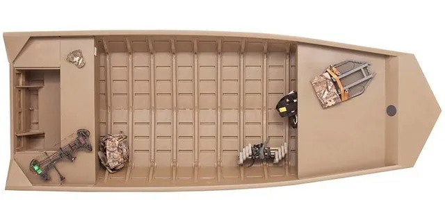 The Image of Top view of a G3 Gator Tough Loose Jon 1860 VBW boat with open deck and hunting gear. - 1