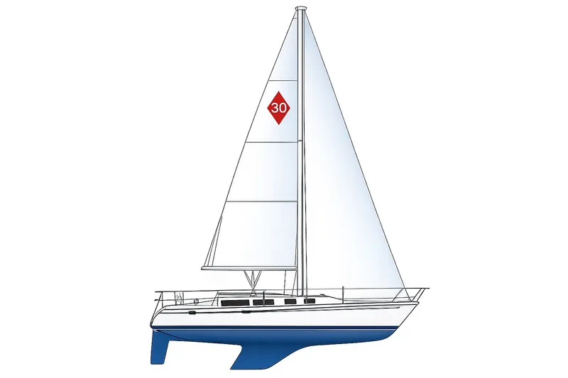 Slide: The Image of Illustration of a 1995 Catalina 30 MkIII sailboat with white sails and blue hull. - 7