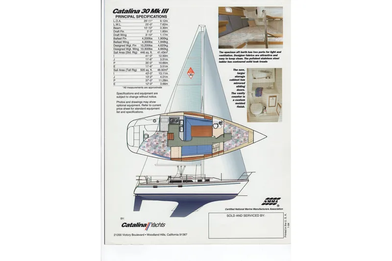Slide: The Image of Catalina 30 MkIII 1995 sailboat specifications and interior layout with detailed design features. - 6