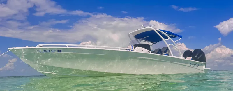Slide: The Image of A white open deck boat with a blue sunshade floats in clear water under a blue sky. - 13