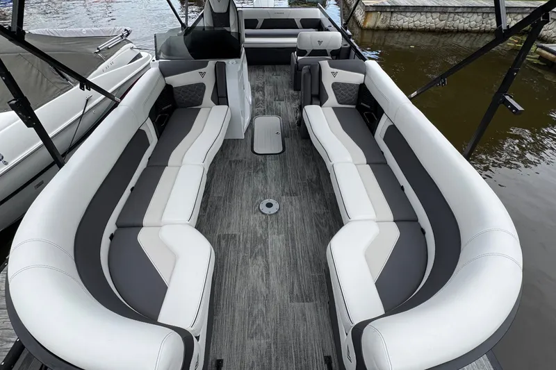 Slide: The Image of Luxurious interior of 2026 Viaggio Diamante S 26 pontoon boat with elegant seating. - 9