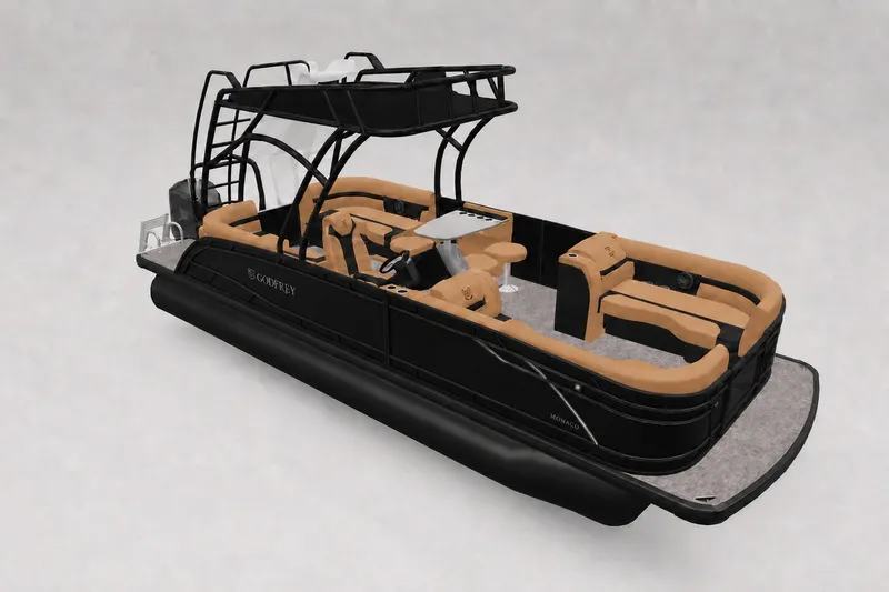 The Image of 2027 Godfrey Monaco 255 SDB pontoon boat with sleek black design and tan seating. - 31