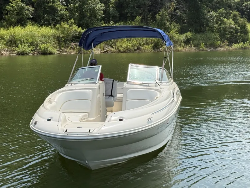 Slide: The Image of A 2000 Sea Ray 240 Sundeck on a calm lake with a blue sunshade. - 5