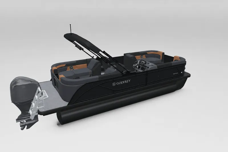 The Image of 2027 Godfrey Sweetwater 22' Split Bench Tritoon, sleek design with modern seating and outboard motor. - 1