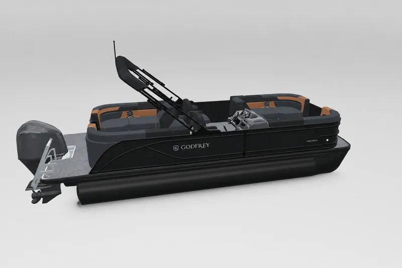 Slide: The Image of 2027 Godfrey Sweetwater 22' Split Bench Tritoon, model 2286 SBC, sleek design. - 2