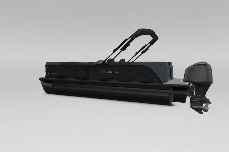 Slide: The Image of 2027 Godfrey Sweetwater 22' Split Bench Tritoon, side view, sleek black design. - 4
