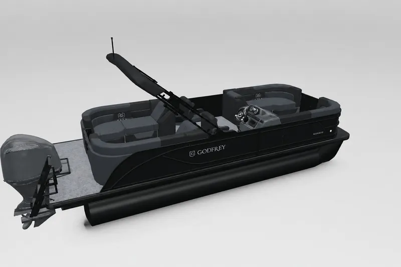 Slide: The Image of 2027 Godfrey Sweetwater 22' Split Bench Tritoon, sleek design, black exterior, modern seating. - 13