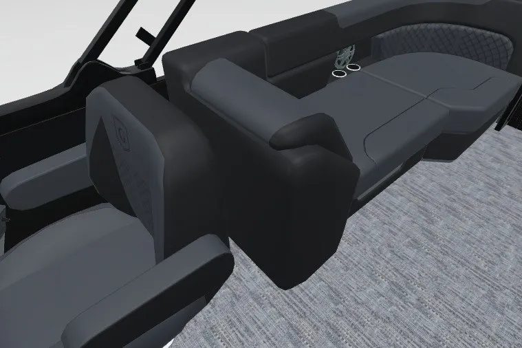Slide: The Image of 2027 Godfrey Sweetwater 22' Tritoon interior with sleek black seating and modern design. - 18
