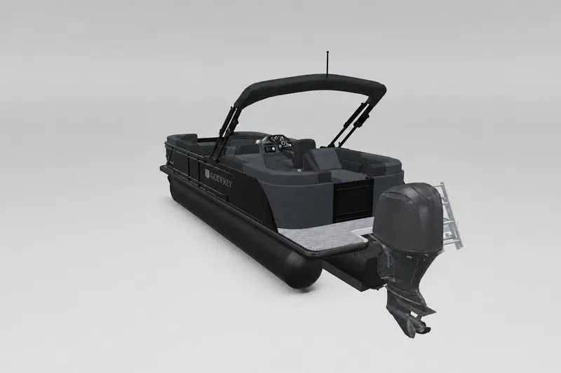 Slide: The Image of 2027 Godfrey Sweetwater 22' Split Bench Tritoon with outboard motor and sleek design. - 15