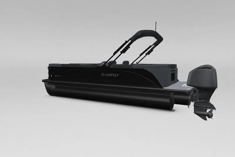 Slide: The Image of 2027 Godfrey Sweetwater 22' Split Bench Tritoon, sleek black design, side view. - 14