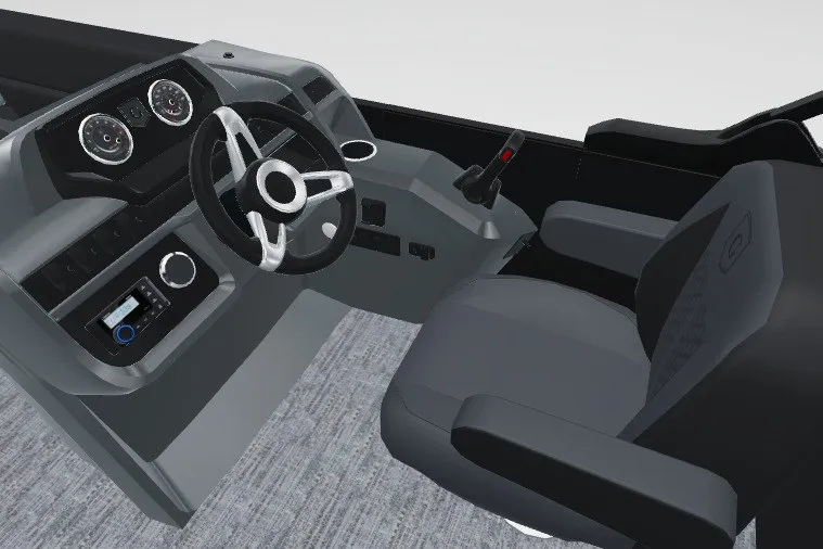 Slide: The Image of Interior view of 2027 Godfrey Sweetwater 22' Tritoon helm with modern controls and seating. - 17