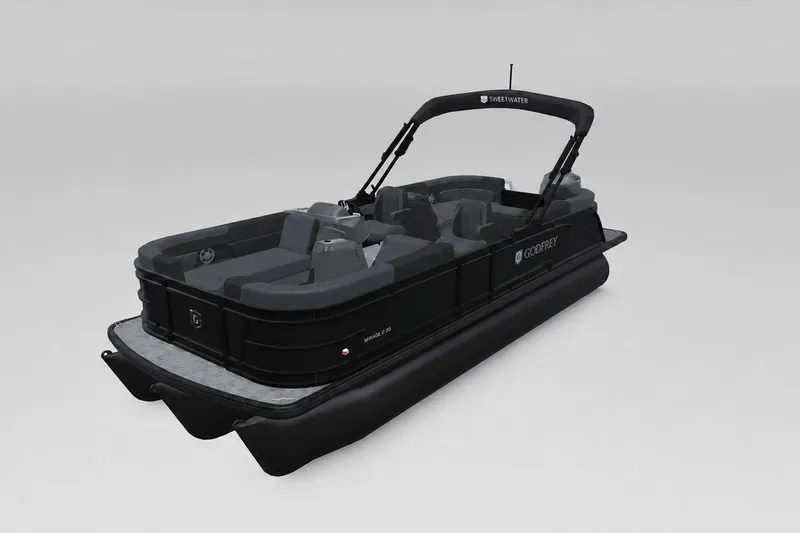 Slide: The Image of 2027 Godfrey Sweetwater 22' Split Bench Tritoon, sleek black design, spacious seating. - 12