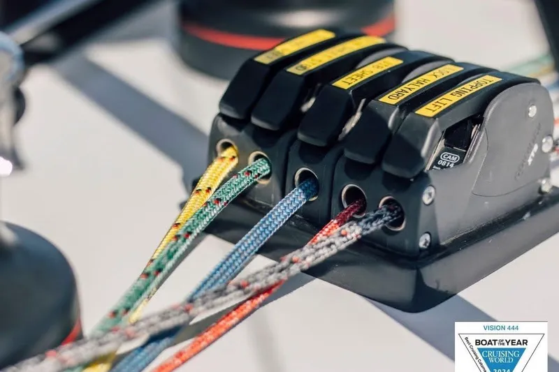 Slide: The Image of Close-up of colorful ropes in a Vision 444ES 2024 sailboat cam cleat system. - 37